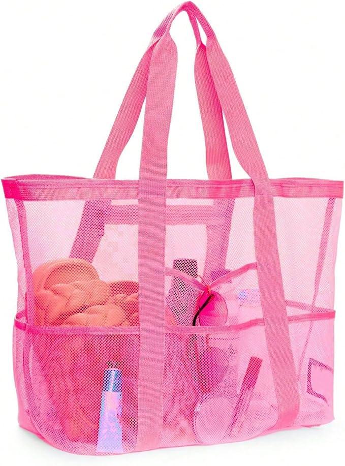 Mesh Beach Bag for Women, Large Beach Tote Bag with 8 Pockets, Lightweight Beach Bags Accessories Essentials, Pack of 2