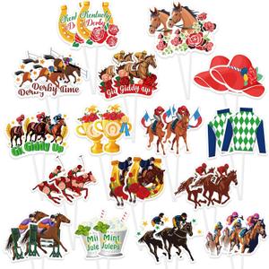 HOWAF Kentucky Party Derby Day Cupcake Toppers Decorations, 32pcs Horse Racing Cake Toppers Derby Day Party Supplies Horse Cupcake Toppers for Run for the Roses Supplies Double-Sided