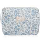 Floral Makeup Bag, Large Cosmetic Bag for Women Girls, Cute Cotton Make up Pouch, Quilted Makeup Bags, Flower Travel Toiletry Organizer Bag(Blue Floral)