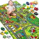JOYIN Carpet Playmat w/ 12 Cars Pull-Back Vehicle Set for Kids Age 3+, Jumbo Play Room Rug, City Pretending Play