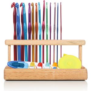 Olikraft 14-Piece Ergonomic Crochet Hook Set with Wooden Holder - Complete Crochet Needle Kit for Crafting Enthusiasts, Includes Essential Crochet Accessories