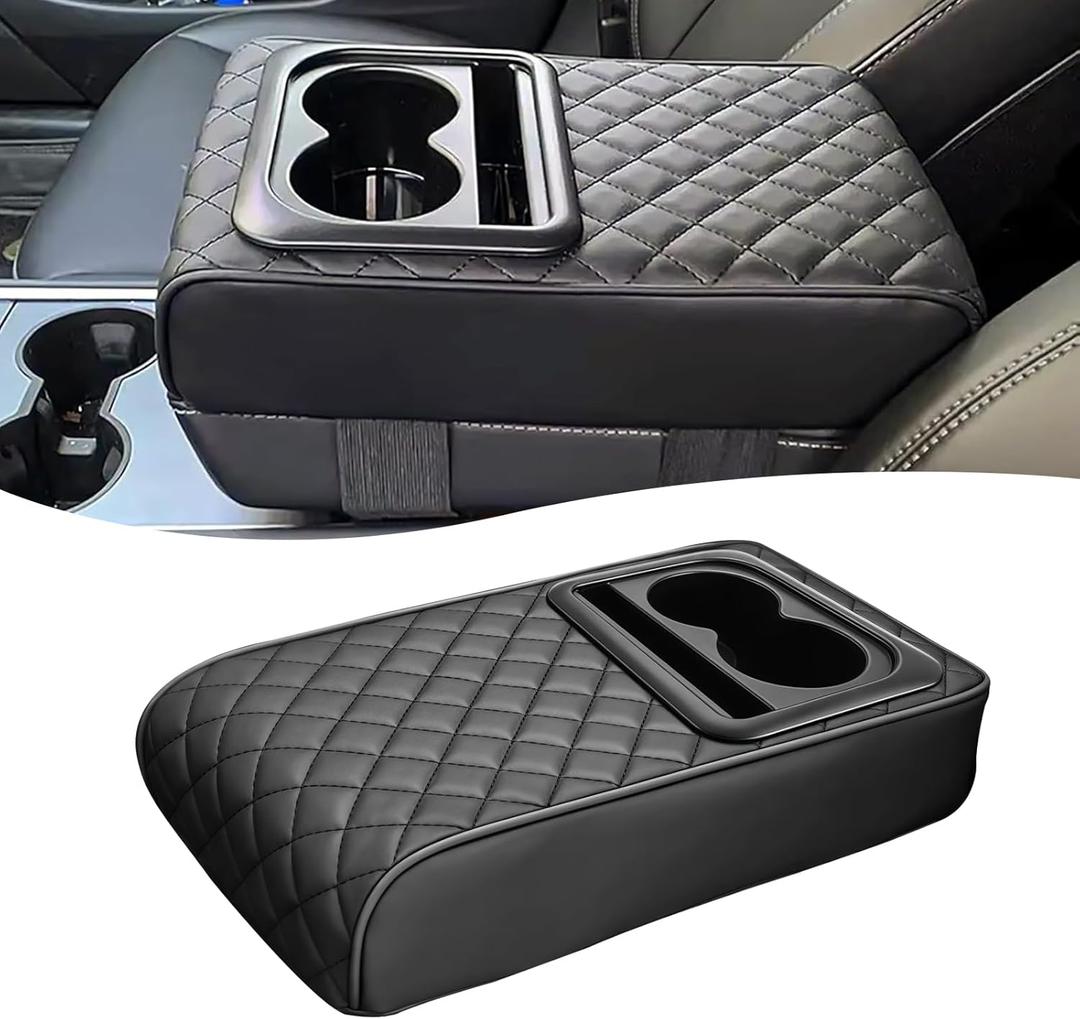 Car Center Console Cover, Leather Car Armrest Cover with Cup Holder, Phone Slot, Waterproof Arm Rest Protector Cushion Automotive Accessories (Black) (1 PC)