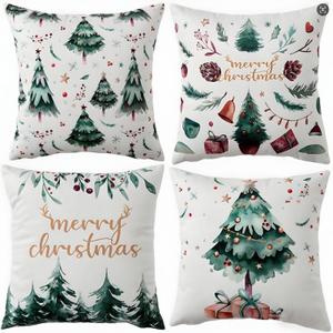 NANAN Christmas Pillow Covers 20X20 Set of 4 Green and White Christmas Decorations Merry Throw Pillow Covers Xmas Tree, Berry, Bell, and Pinecone Pattern Decor