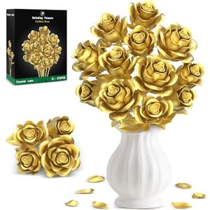 Metallic Gold Roses Flower Bouquet Building Sets, 670Pcs Golden Roses Botanical Collection Compatible with Lego Flowers Valentines Day Gifts for Her Women Girlfriend Wife Gothic Romantic Decor