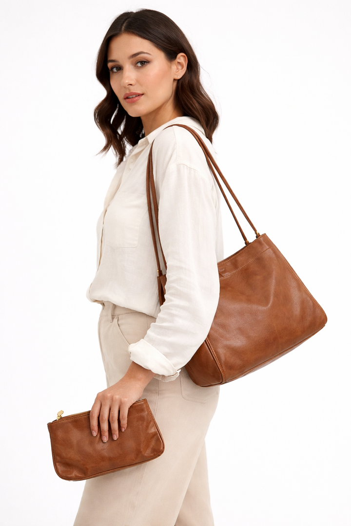 VOCUS Tote Bag for Women 2Pcs Large Casual PU Weekender Bag Soft Vegan Leather Shoulder Hobo Handbag Purse Travel Oversize 