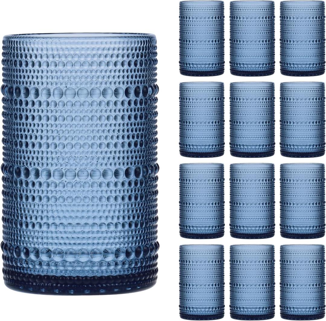 Moretoes Large 15oz Blue Hobnail Drinking Glass Set of 12