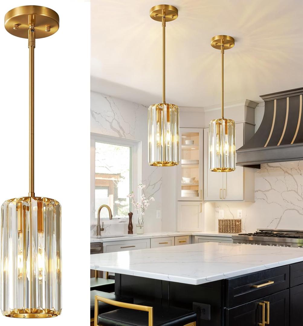 Gold Pendant Lighting Modern Pendant Light Mini Crystal Chandeliers Adjustable Pendant Light Fixture for Kitchen Island Dinning Room Corridor Bedroom(Gold 2-Pack)