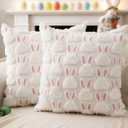 Easter Pillow Covers 18x18 inch Set of 2 Easter Decorations Pink Ears White Rabbit Soft Plush Faux Fur Jacquard Throw Pillows for Bedroom Sofa Holiday Festivals Home Decor