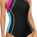 ATTRACO Womens One Piece Swimsuit Athletic Bathing Suits Training Sport Swimwear for Women (Large, A_pink/Aqua)