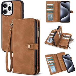 TwoHead Wallet Case Compatible with iPhone 15 Pro, Detachable Magnetic Phone Case, All-Round Protective Leather Phone Case with Card Holder,6.1 in, Brown