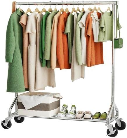 Ekisemio Heavy Duty Rolling Clothes Rack with Wheels and Shelves, 450 lbs Capacity, Portable Garment Rack for Hanging Clothes, Standing Wardrobe for Closet, Bedroom, Commercial Use, Chrome