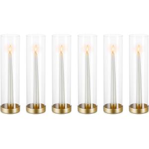 NUPTIO Hurricane Glass Candle Holders: 6 Pcs Gold Metal Taper Candlesticks Holder with 11.81 inch Long Clear Bottomless Cylinder Cover Stands for Wedding Anniversary Bridal Shower Table Centerpiece