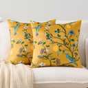 Vintage Mustard Yellow Floral Pillow Covers 16x16 Inch Set of 2 Boho Blue Hummingbird Wildflower Throw Pillows Spring Summer Chinoiserie Pillowcases Outdoor Decor Linen Cushion Covers for Couch Sofa