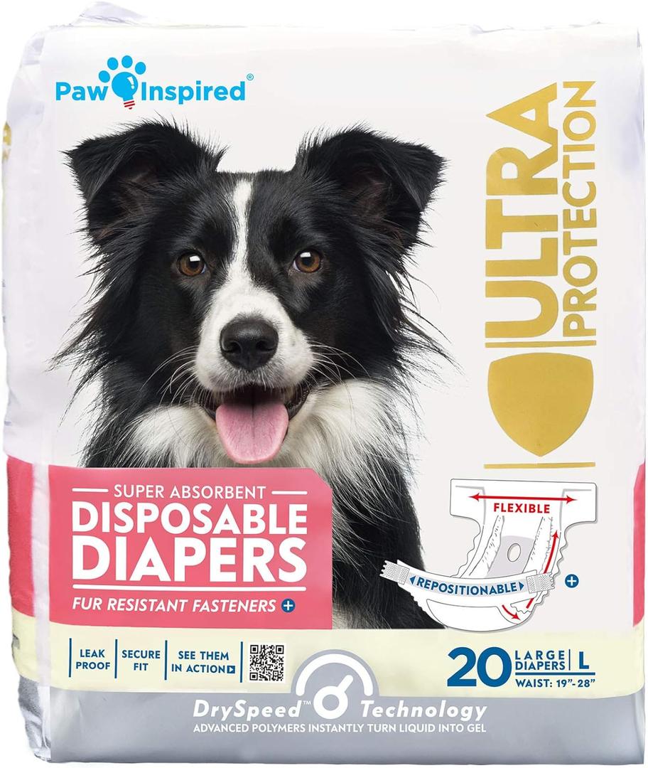 Paw Inspired 20ct Disposable Dog Diapers | Female Dog Diapers Ultra Protection | Diapers for Dogs in Heat, Excitable Urination, or Incontinence (Large)