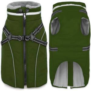 Fragralley Dog Coat with Harness Built in, Waterproof Windproof Reflective Warm Puffer Jacket, Fleece Lined Vest Winter Parka for Dogs, Size: Medium (Green)