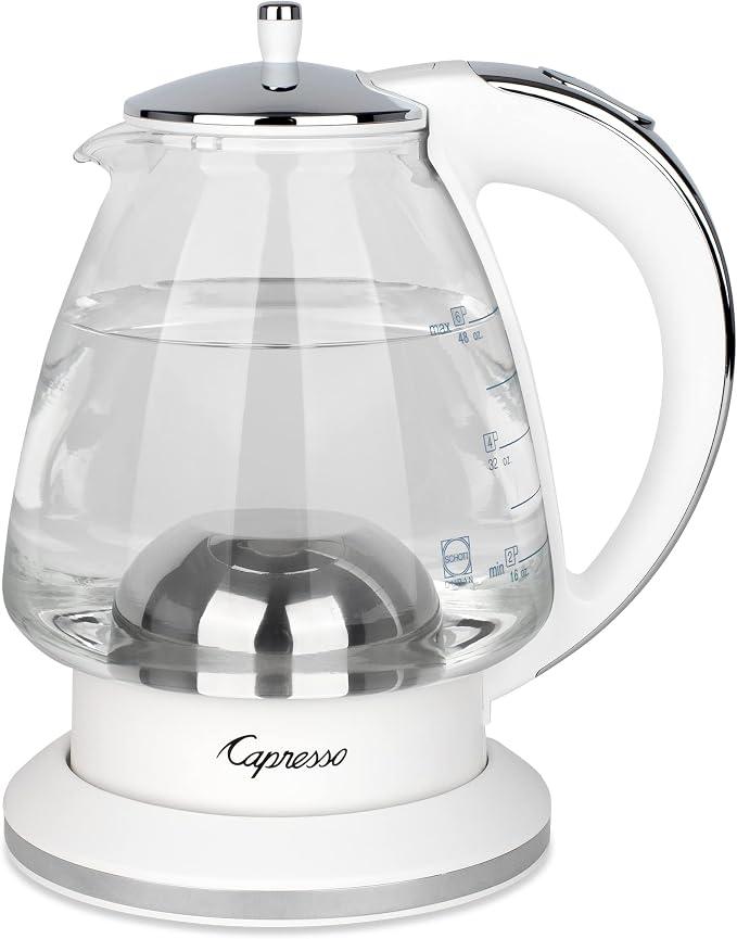 Capresso H2O Glass Kettle, 240.02, White and polished chrome, 48 ounces