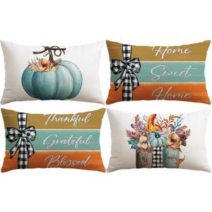 Artscope Fall Decorative Throw Pillow Covers 12x20 Inch Set of 4 Fall Gifts for Home Decor, Autumn Pumpkin Sweet Home Thankful Grateful Blessed Outdoor Farmhouse Pillow Cases for Sofa Couch-Blue
