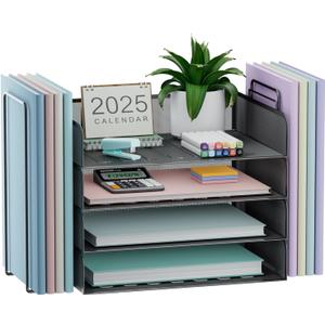 4 Tier Stackable Paper Tray Organizer for Desk, Office Desk Accessories, Paper Sorter Organizer for Letter/A4 Office File Folder Holder (Black, 19.2" x 9.7" x 10.2") (Landscape)