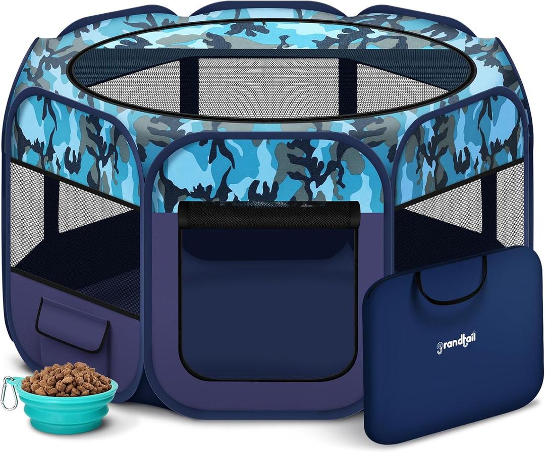 Dog Playpen, Pet Playpen, Portable Cat Playpen, Foldable Puppy Playpen Exercise Kennel Tent with Carry Case Collapsible Bowl,Water-Resistant Shade Cover for Indoor Outdoor Travel Bule, Medium