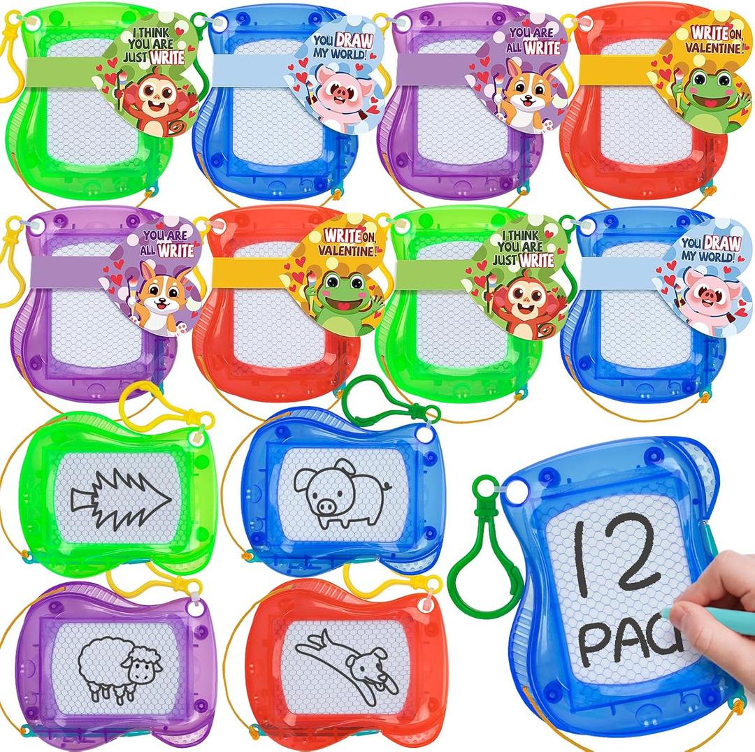 Valentines Day Cards for Kids School, 12 Pack Magnetic Drawing Board with Valentine Card, Valentine Day Party Favors for Boys Girls, Ideal Exchange Cards for Classroom