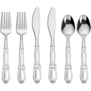 Nervure 150PCS Silver Plastic Silverware - Heavy Duty Disposable Cutlery Set, Luxury Silver Plastic Utensils include 50Pcs Forks, 50Pcs Spoons, 50pcs Knives Perfect for Wedding, Party, Daily Use
