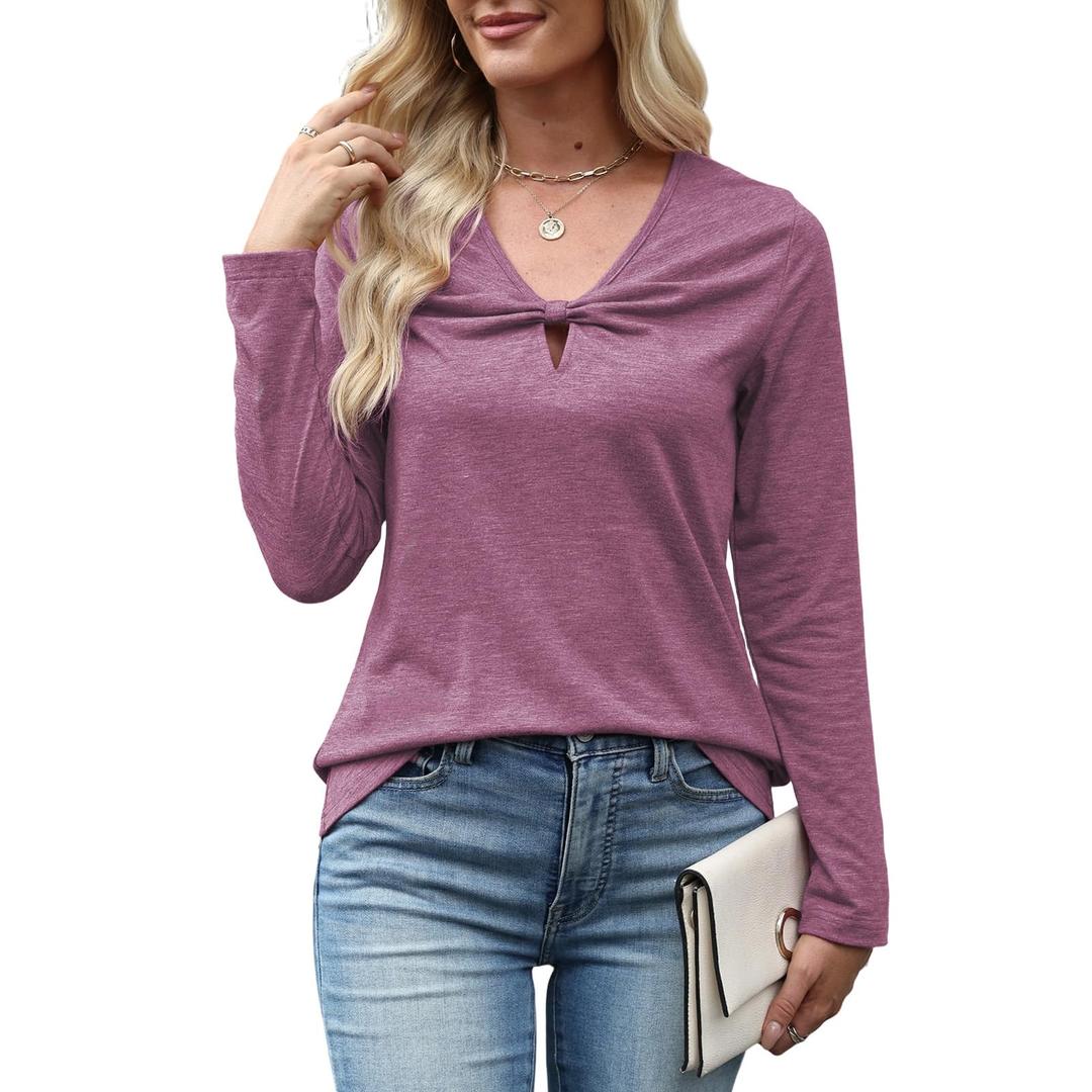 Quatrefox T Shirts Long Sleeve for Women V Neck Tees Fashion Loose Tops Casual Fall Outfits Clothes Beach 2025 Trendy XL