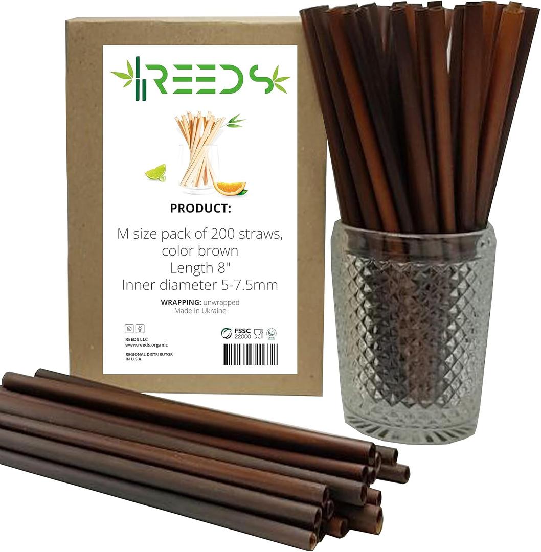 Reed Drinking Straws, Ecological, Biodegradable, 100% Plant-based, Dark Chocolate Color, Great for Smoothies, Milkshakes, Frozen & Signature Cocktail, Hot Tea and Coffee, 200 ct. Tall 8 inch, Medium