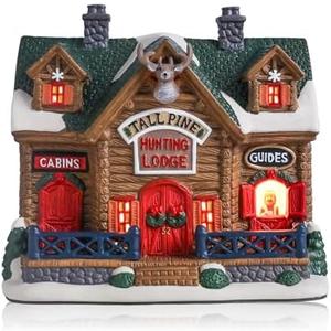 DREAM GARDEN Christmas Village House, Ceramic Hunting Lodge with LED Light Christmas Collectible Buildings for Tabletop Decoration Xmas Mantle Home Decor