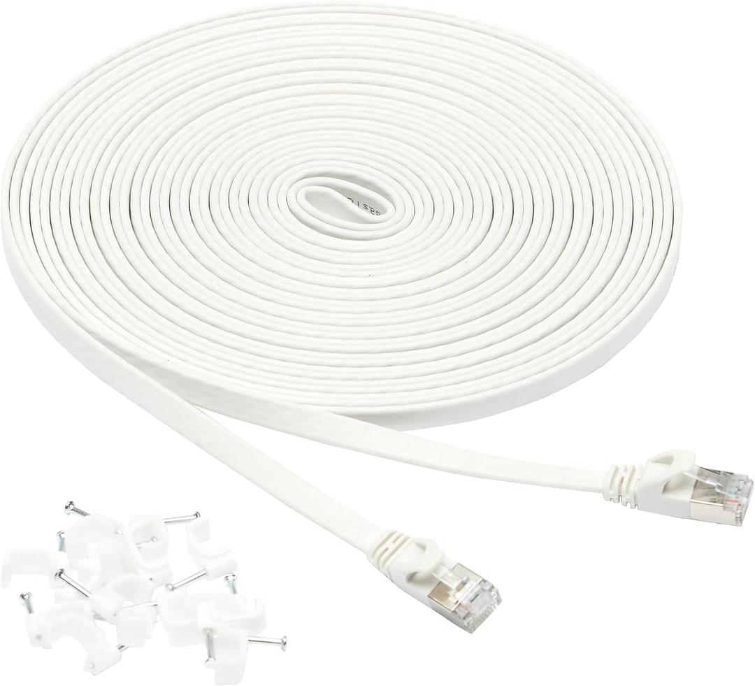 Amazon Basics RJ45 Cat 7 Ethernet Patch Cable, Flat, 600MHz, Snagless, Gold Plated, Includes 15 Nails, 30 Foot, White
