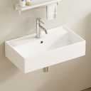 AmpleCharmic Wall Mount Bathroom Vessel Sink, 21’’ Rectangle Ceramic Basin for Small Bathroom Countertop with Pop-up Darin & Overflow, Modern White