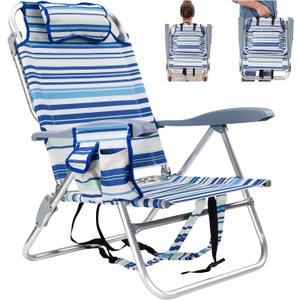 Backpack Beach Camping Chairs with 8 Positions Lay Flat, 1 Pack Lightweight Folding Beach Chair with Adjustable Headrest, Pouch, Cup Holder for Outdoor Lawn Picnic, Support 300LBS(Stripes_Blue & Cyan)