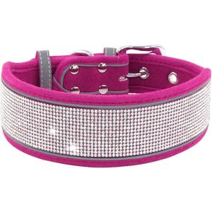 Rhinestone Dog Collar Soft Comfortable Stylish Dog Collar with Bright Reflective Stripe Adjustable Diamond Crystal Pet Collar for Small Medium and Large Dogs (S fit Neck 12-15", Hot Pink)