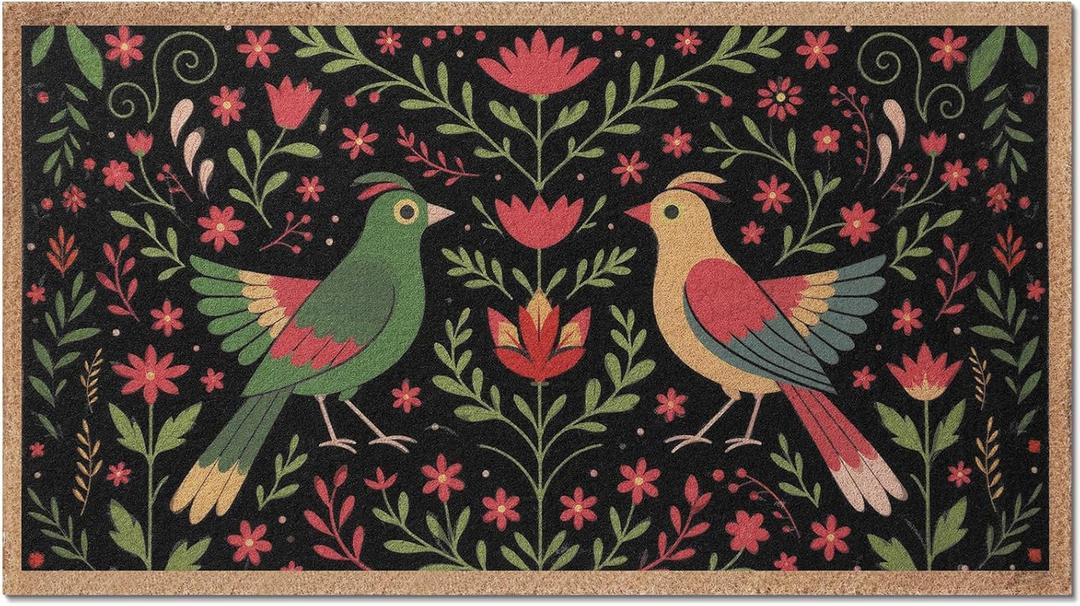 17 x 30 Inch Coir Coco Door Mat with Anti-Slip TPR Backing Colorful Floral Bird William Morris Inspired Design Vintage Coconut Fiber Outdoor Welcome Mat for Front Door Entryway