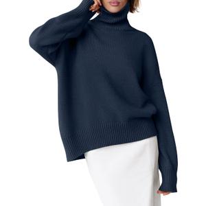 ANRABESS Women's Turtleneck Sweaters Oversized Chunky Long Sleeve Knit High Low Hem Pullover Top 2025 Fall Winter Fashion Navy Blue Small