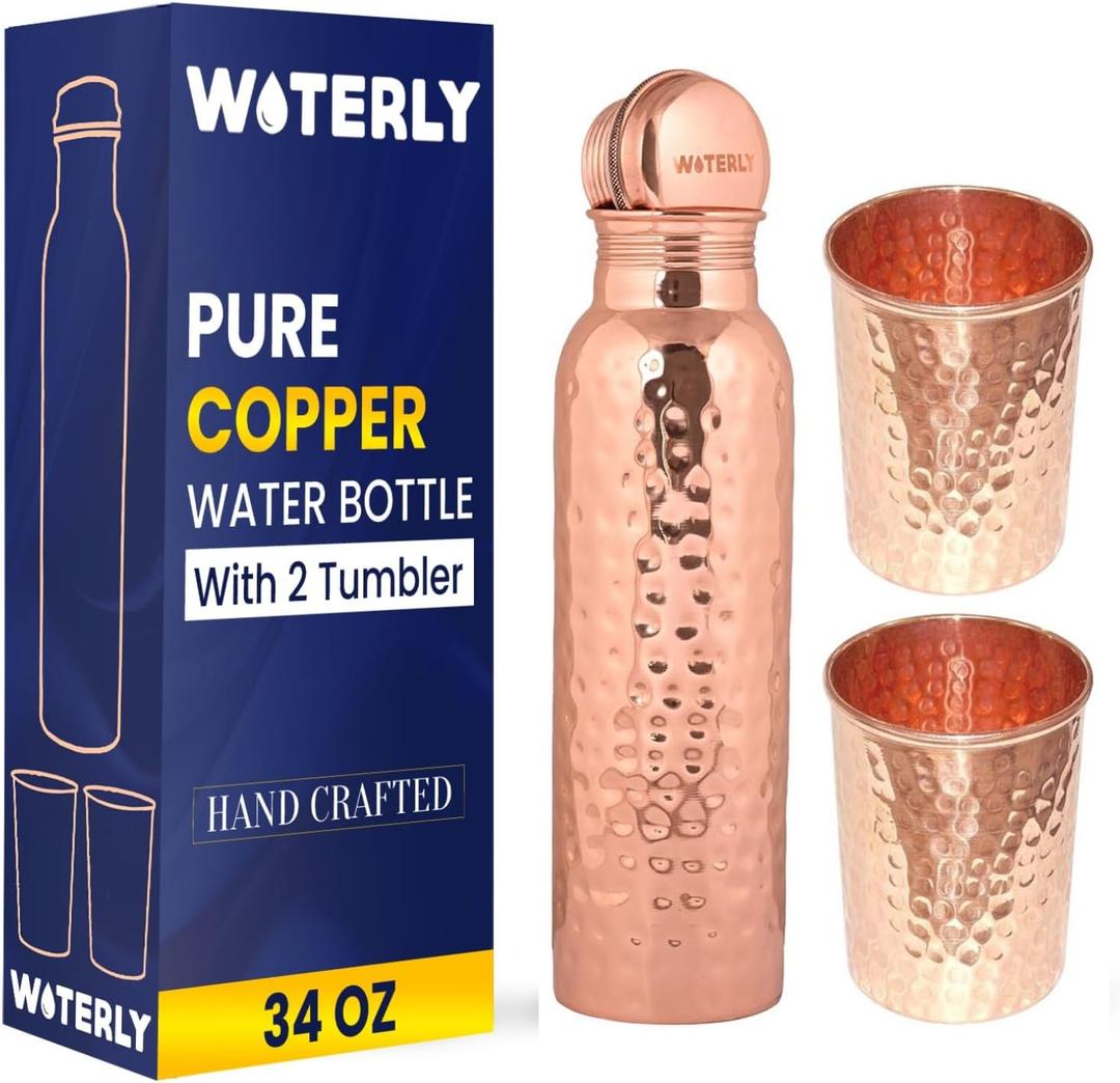 Hammered Copper Water Bottle (34 Oz /1000ml) With Set Of 2 Tumbler (10 Oz/300ml Each) | Best use for Office,Gym & gifts |100% Pure Copper Material with Leak proof Quality Made In India