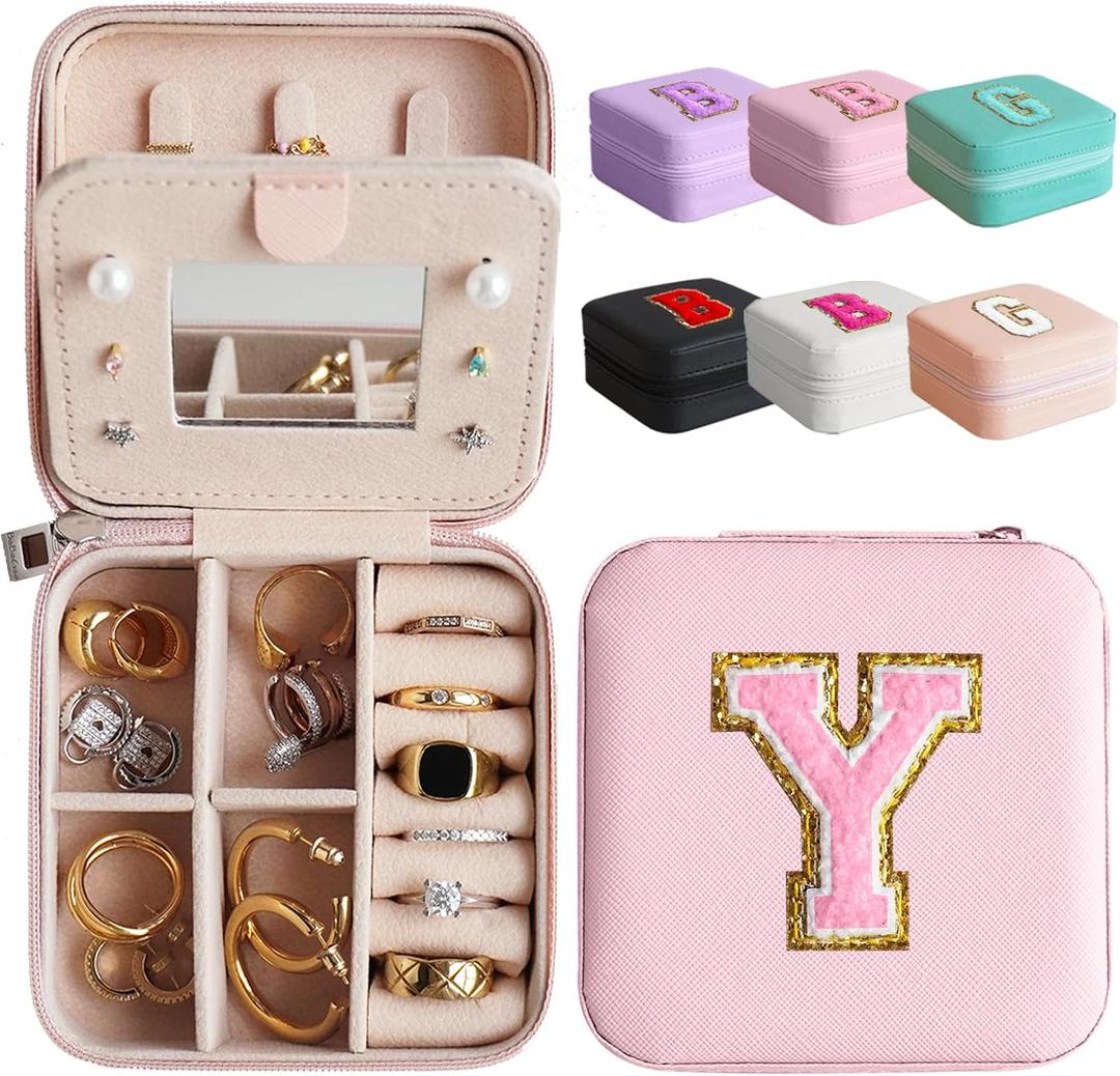 Bridesmaid Gifts Bridesmaid Proposal Gifts Travel Jewelry Case with Mirror, Mini Portable Jewelry Travel Organizer, Small Jewelry Box, Travel Essential to Store Ring, Necklace, Earring(Babypink-Y)