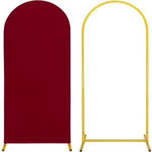 Metal Arch Stand and Cover Set,1 Burgundy Spandex Fitted Backdrop with 1 Gold Wedding Arched Stand Frame for Parties Birthday Baby Shower Bridal Banquet Decoration (6FT)