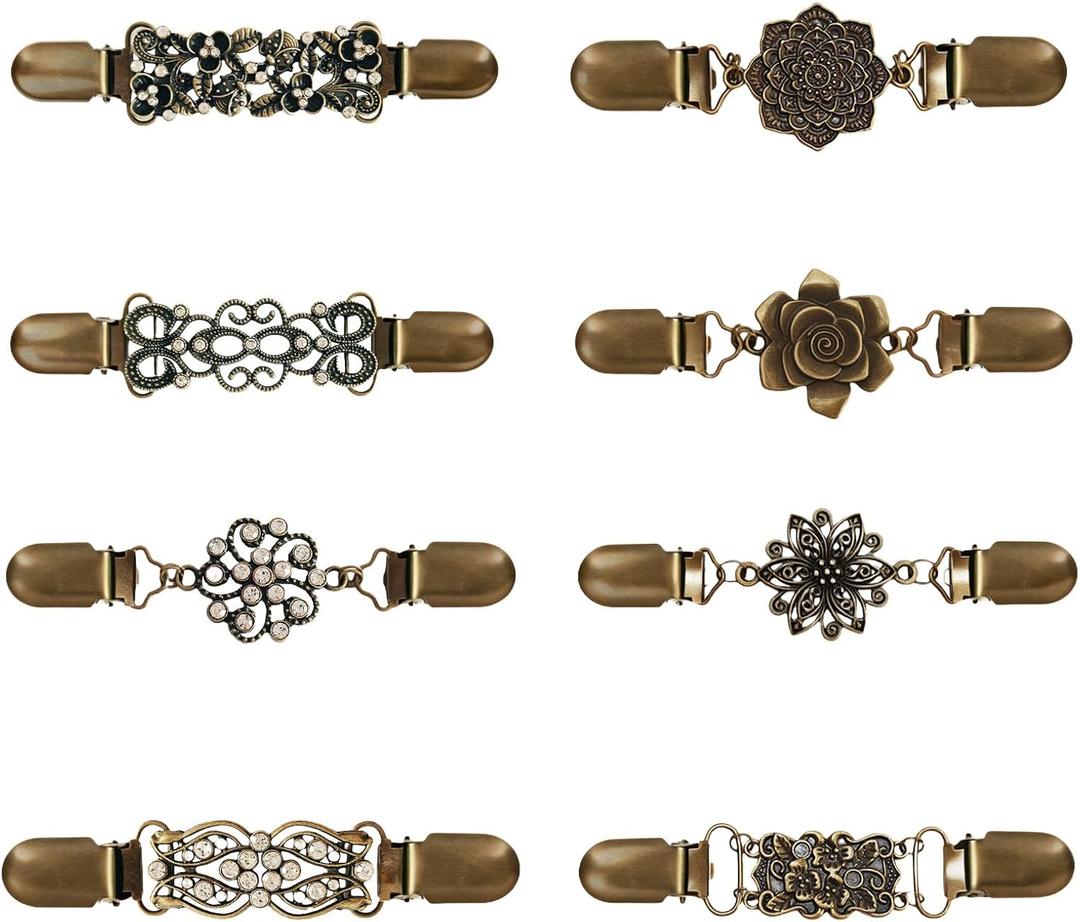 8PCS Retro Sweater Clips for Cardigans, Vintage Waist Clips for Dresses, Multiple Style Clothing Fasteners for Shirt Backs and Shawls, for Assorted Women's Apparel (Copper-colored 1)