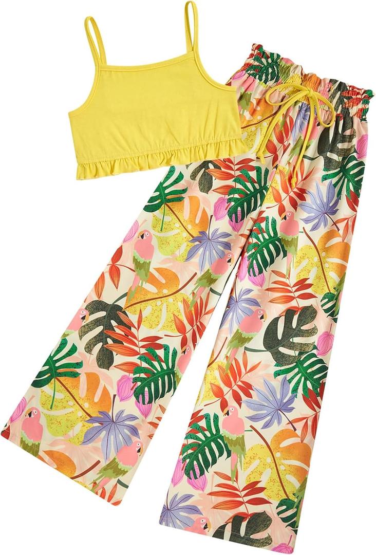 LIFAky Girls Tropical Outfits Hawaiian Beach Cute 2 Piece Clothes Yellow Cami Wide Leg Pants Set, Size 8-9