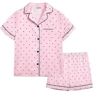 Veseacky Girl's Satin Pajamas Set Short Sleeve Button Sleep Shirt with Silky Shorts Set PJ for Teens (Pink Dots,size 12)