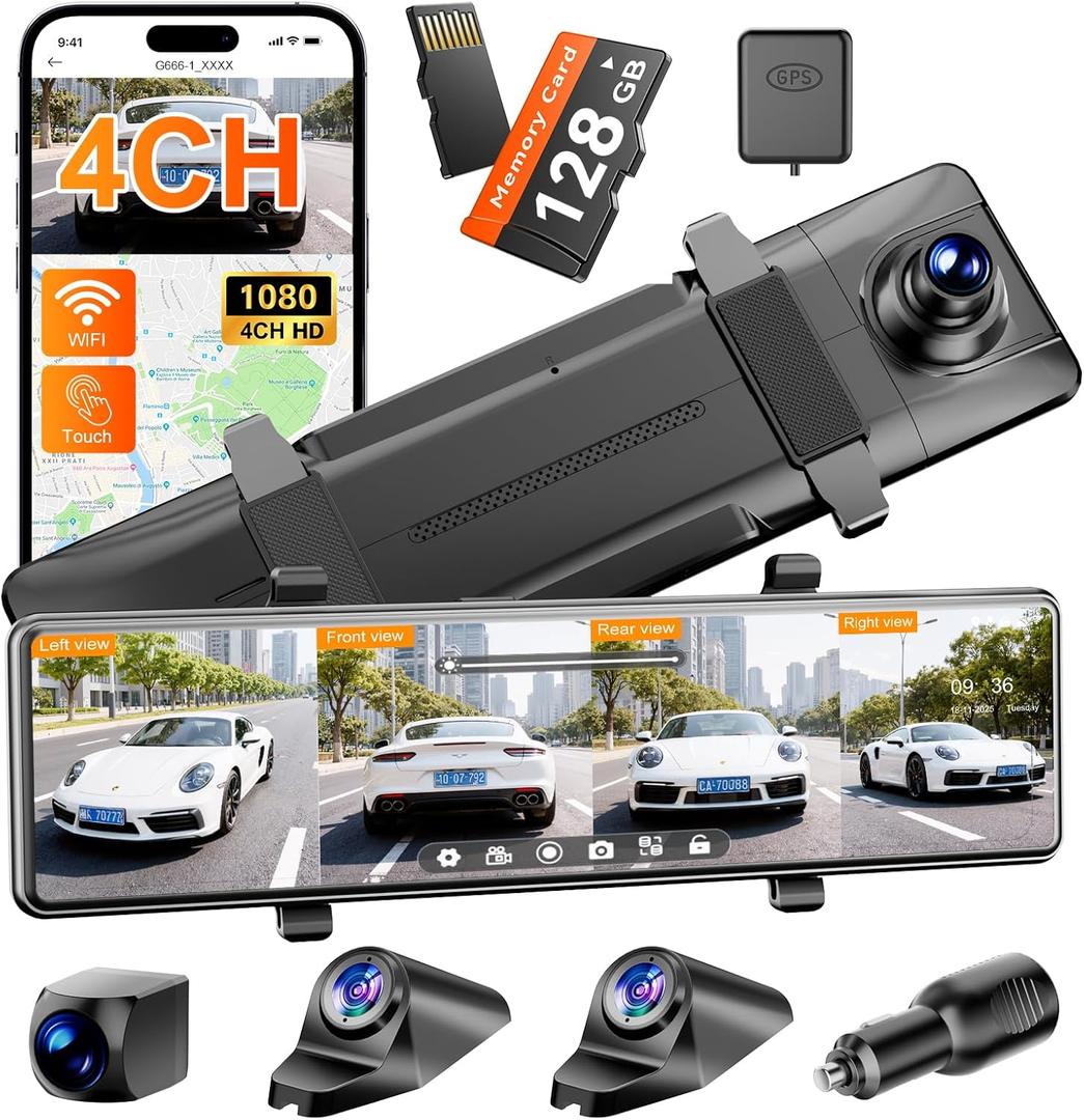 Rear View Mirror Camera,4 Channel Mirror Dash Cam Front and Rear Inside,12" Touch Screen Dash Cam, Backup Camera for Car, 7/24 Parking Monitor, Included Free 128GB SD Card