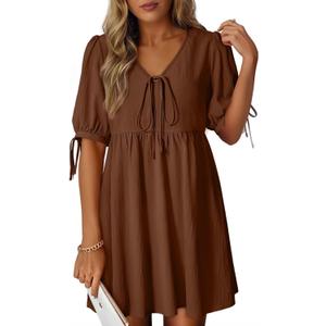 Dokotoo Chocolate Brown Summer Clothes Women's Summer Short Sleeve Tie Front Empire Waist A-Line Babydoll Loose Cute Mini Dress Coffee X-Large