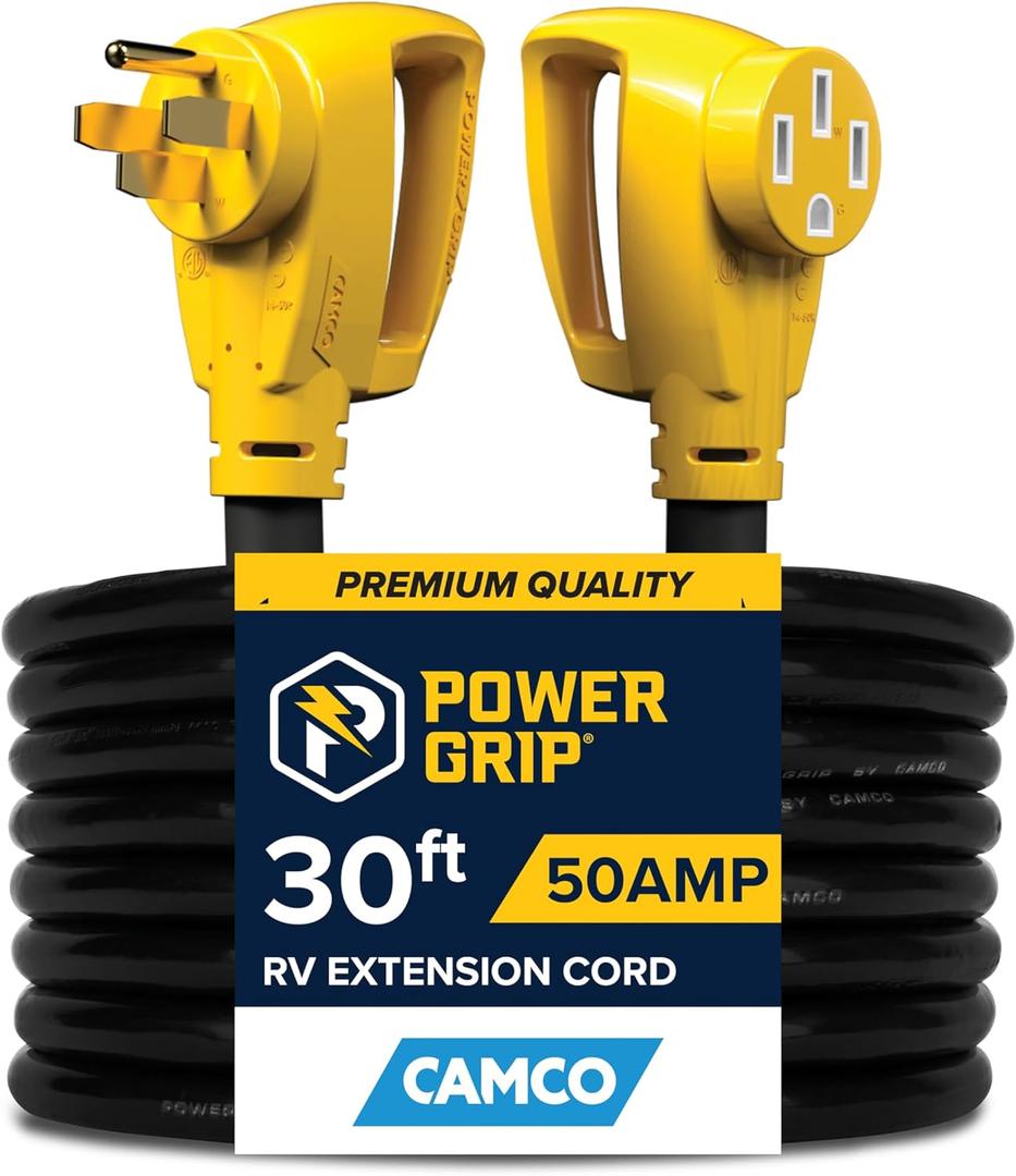 Camco Power Grip 30-Ft 50-Amp Camper/RV Extension Cord - Features Copper 6/3 + 8/1-Gauge Wires for Superior Conductivity - Rated for 125/250 V/12,500 W - Coated w/Heat-Resilient PVC (55195)