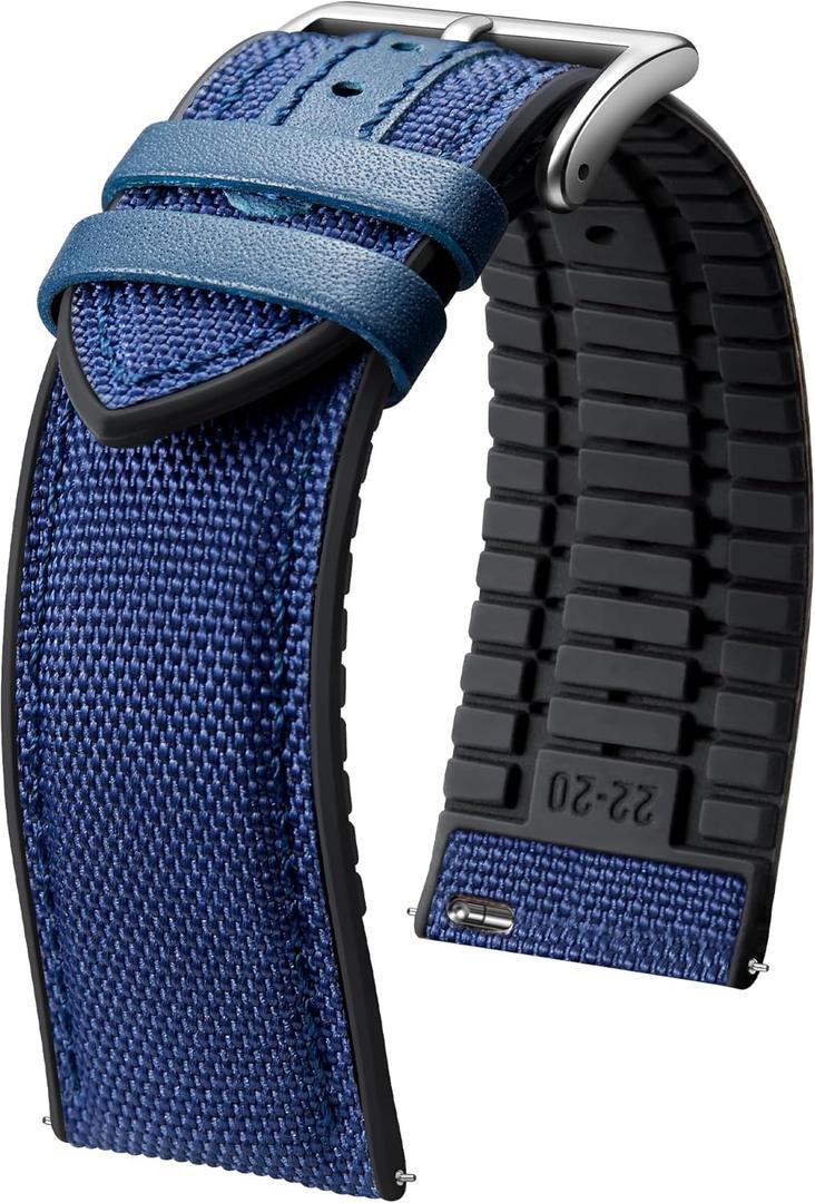 BINLUN Nylon Silicone Watch Bands 22mm Quick Release Canvas Rubber Hybrid Watch Strap Replacement Watchband for Men Women 9 Colors Silver/Black Buckle (Dark Blue-Silver)