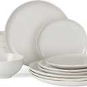 Famiware Moonlight Plates and Bowls Sets, 12 Pieces Stoneware Dinnerware Sets with Linen Finish, Handmade Dishware Set for 4, Microwave and Dishwasher Safe, Chip and Scratch Resistant, White