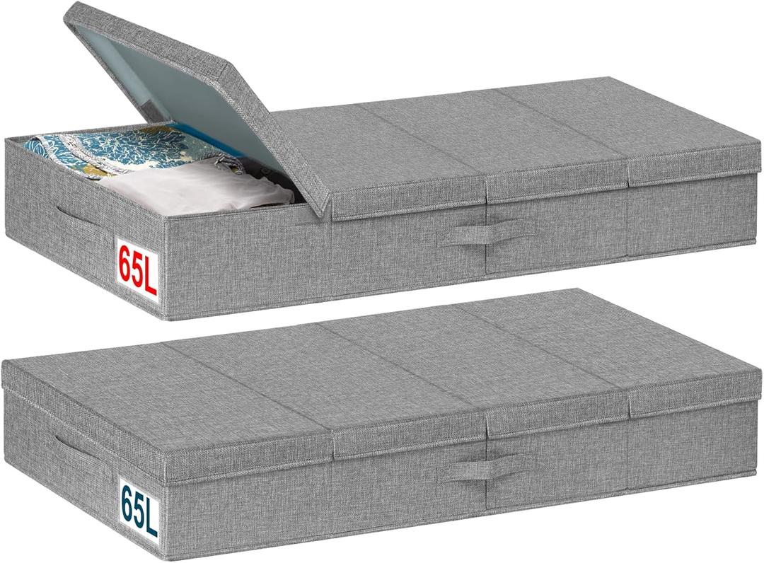 punemi Extra Large Under Bed Storage 65L, 42*16.5*5.8 in Tall underbed storage containers with Lids, Sturdy Closet Organizers and Storage Bins Bags for Blankets Comforter Sweaters Wrapping Paper 2PACK