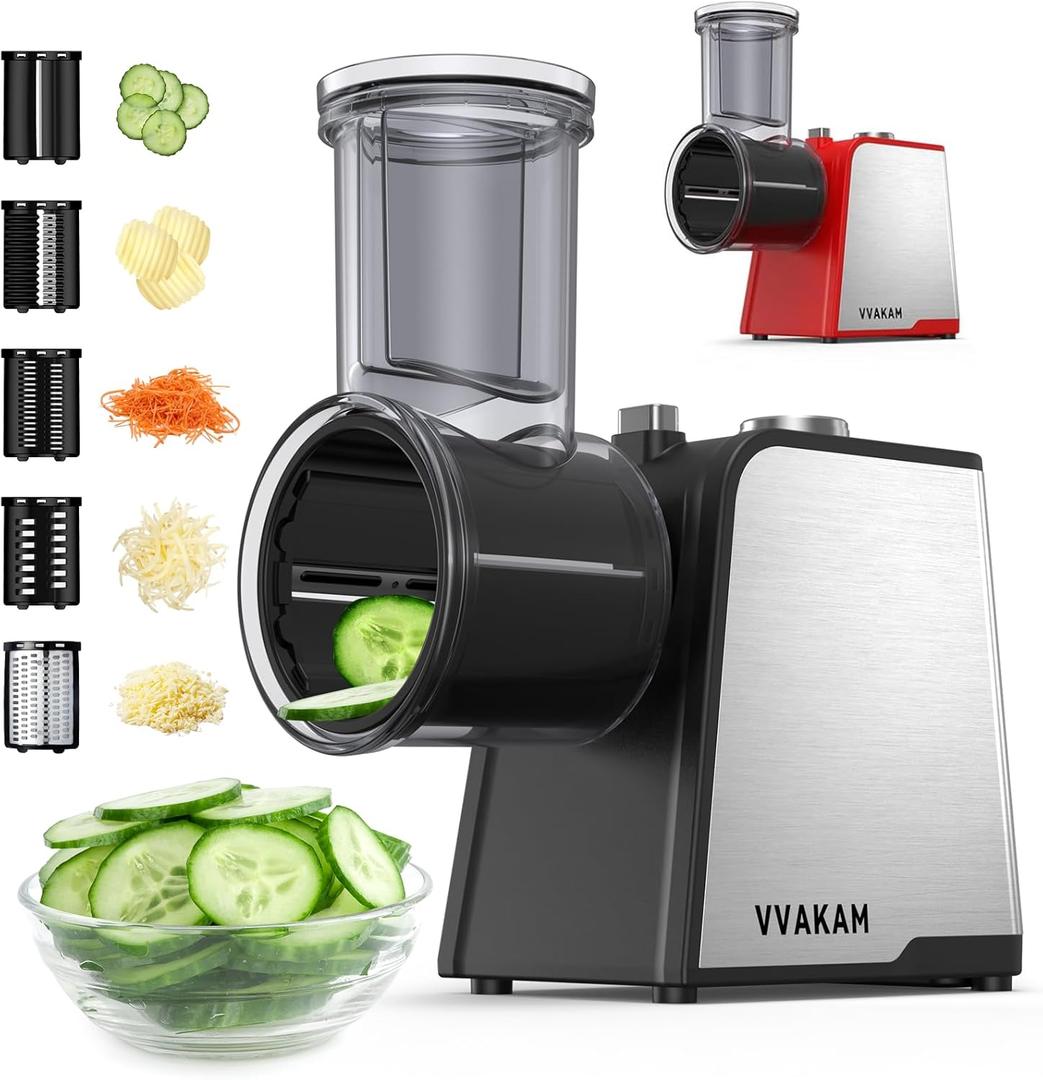 Electric Cheese Grater,300W DC Motor Salad Maker, Electric Slicer Shredder with 5 Different Shapes of Blades, Electric Vegetable Cutter for Potato, Carrot, Black