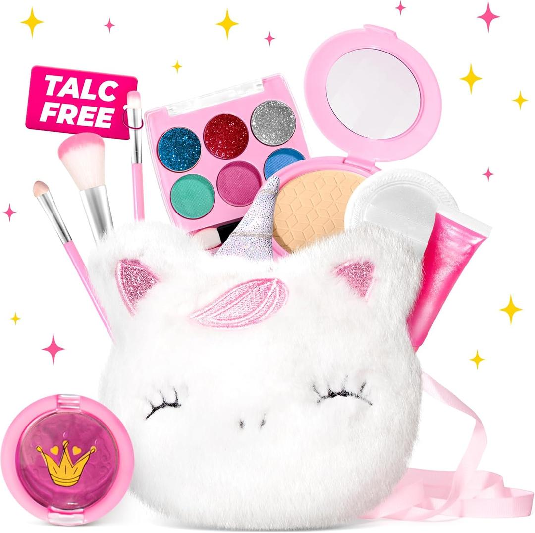 ULOVEME Talc Free Safe Makeup for Girls 4-6 with Small Coin Purse(5.5x5.25in) -My First Makeup Set - Hypoallergenic, Washable, Real, Non Toxic- Princess Dress Up Toys (White Umicorn v2)