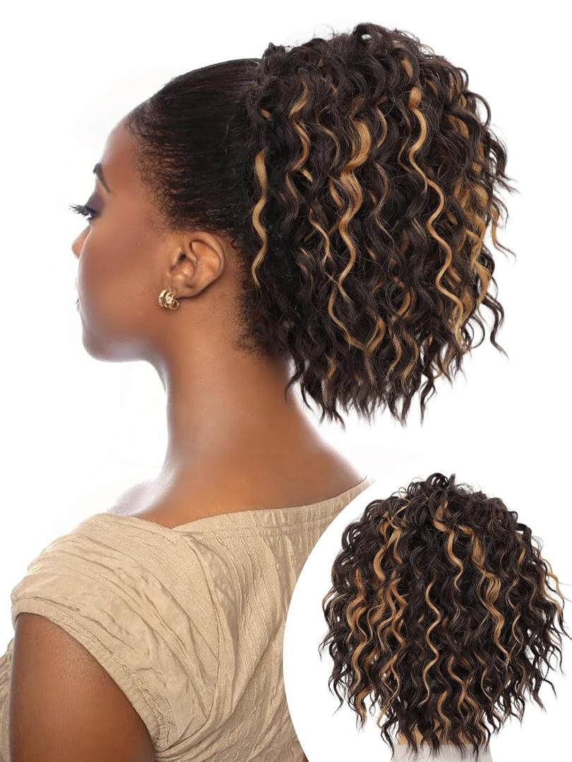 Isaic Ponytail Extension,8 Inch curly ponytail hair extensions, Short synthetic Drawstring Ponytail for Black Women(H4/27B#)