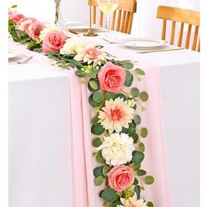 Yastouay 6 Ft Flower Garland with Lights, Pink Rose Floral Garland Fake Flowers for Wedding Arch Party Tables Backdrop Decor